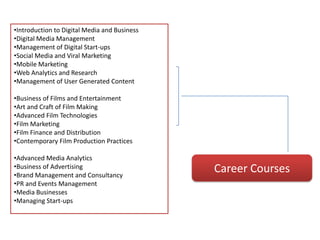 •Introduction to Digital Media and Business
•Digital Media Management
•Management of Digital Start-ups
•Social Media and Viral Marketing
•Mobile Marketing
•Web Analytics and Research
•Management of User Generated Content

•Business of Films and Entertainment
•Art and Craft of Film Making
•Advanced Film Technologies
•Film Marketing
•Film Finance and Distribution
•Contemporary Film Production Practices

•Advanced Media Analytics
•Business of Advertising                      Career Courses
•Brand Management and Consultancy
•PR and Events Management
•Media Businesses
•Managing Start-ups
 
