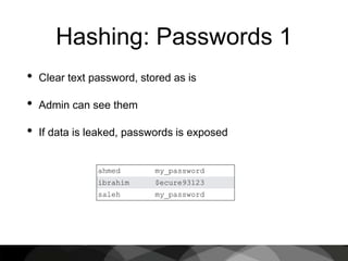 Hashing: Passwords 1
• Clear text password, stored as is
• Admin can see them
• If data is leaked, passwords is exposed
ahmed my_password
ibrahim $ecure93123
saleh my_password
 