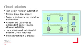 Cloud solution
• Next step in Platform automation
• Remove Linux dependency
• Deploy a platform in any container
environment
• Platform and DSService as
independent Docker images,
allowing scalability
• Use scalable services instead of
inflexible virtual machines
• Internally testing in 2 projects
 