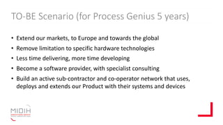 TO-BE Scenario (for Process Genius 5 years)
• Extend our markets, to Europe and towards the global
• Remove limitation to specific hardware technologies
• Less time delivering, more time developing
• Become a software provider, with specialist consulting
• Build an active sub-contractor and co-operator network that uses,
deploys and extends our Product with their systems and devices
 