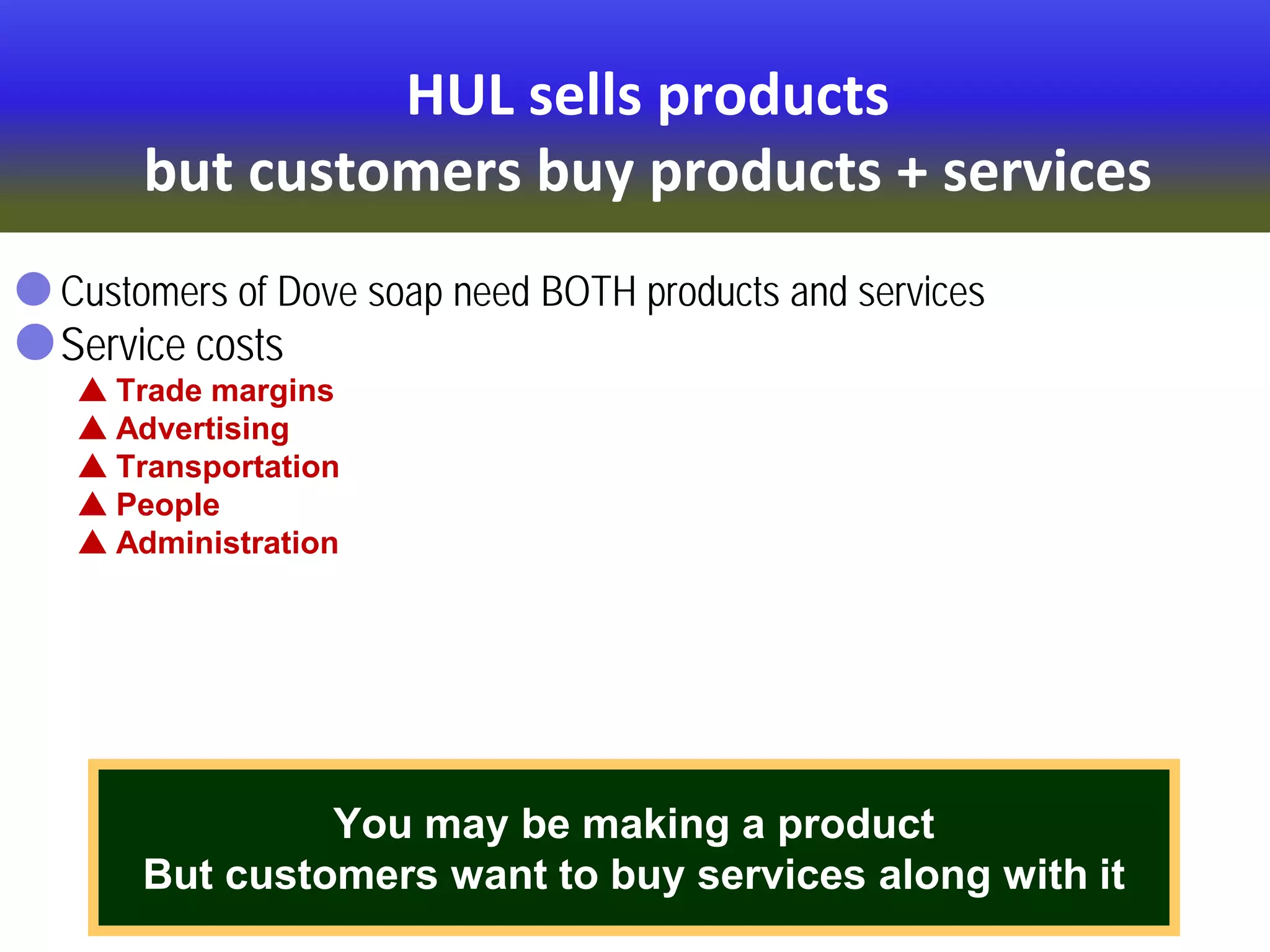 HUL sells products
but customers buy products + services
Customers of Dove soap need BOTH products and services
Service costs
 Trade margins
 Advertising
 Transportation
 People
 Administration
You may be making a product
But customers want to buy services along with it
 