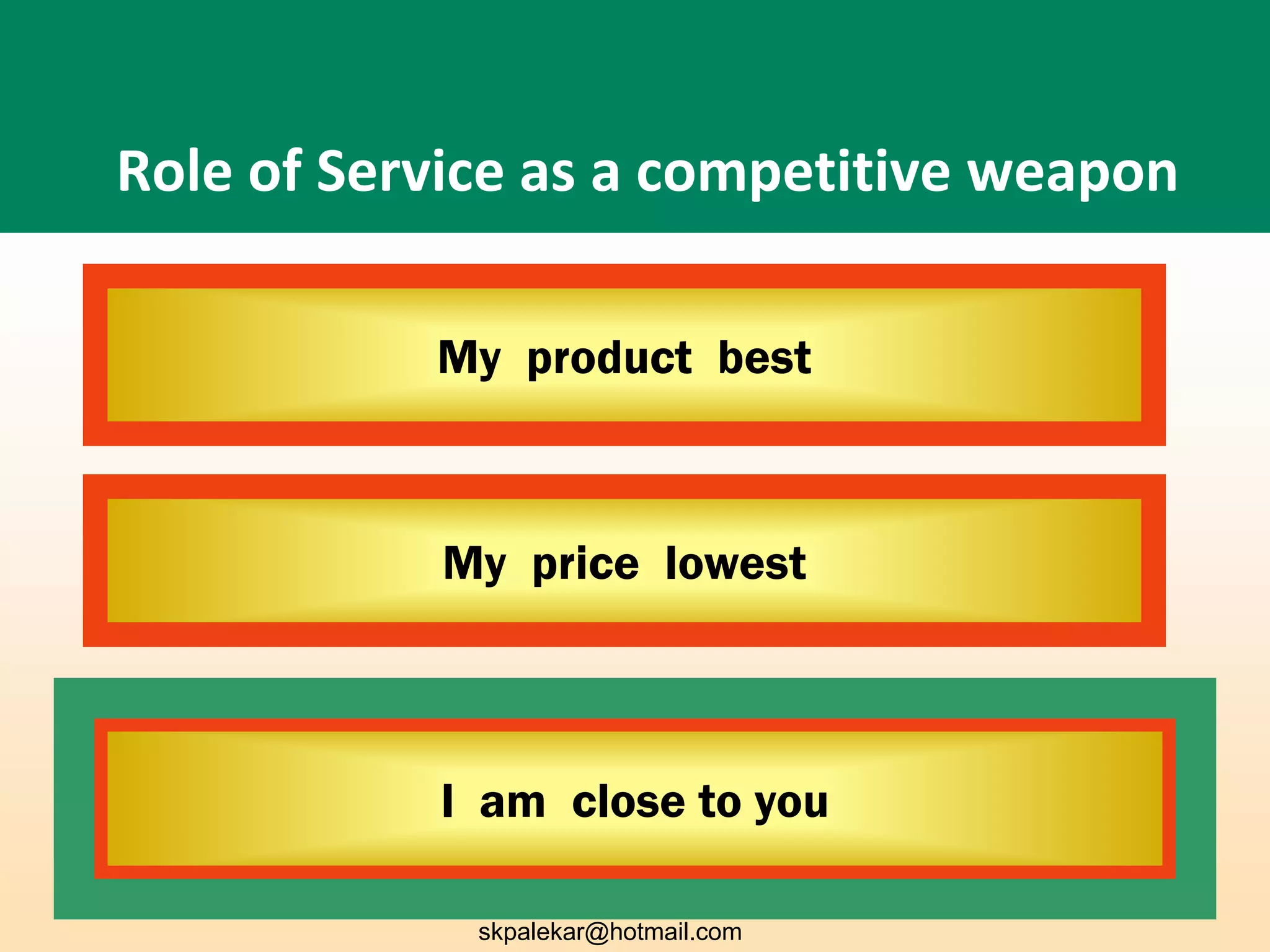 Role of Service as a competitive weapon
My product best
My price lowest
I am close to you
skpalekar@hotmail.com
 