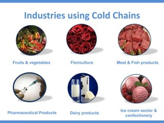 Industries using Cold Chains
Fruits & vegetables
Ice cream sector &
confectionery
Dairy products
Meat & Fish productsFloriculture
Pharmaceutical Products
 