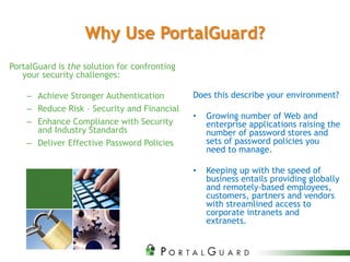 Why Use PortalGuard?Does this describe your environment?Growing number of Web and enterprise applications raising the number of password stores and sets of password policies you need to manage. Keeping up with the speed of business entails providing globally and remotely-based employees, customers, partners and vendors with streamlined access to corporate intranets and extranets. PortalGuard is the solution for confronting your security challenges:Achieve Stronger AuthenticationReduce Risk – Security and FinancialEnhance Compliance with Security and Industry StandardsDeliver Effective Password Policies