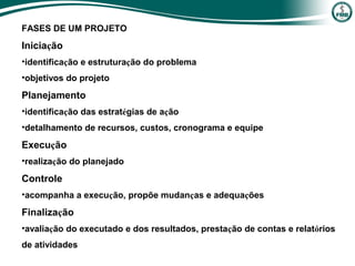 FASES DE UM PROJETO
Iniciação
•identificação e estruturação do problema
•objetivos do projeto
Planejamento
•identificação das estratégias de ação
•detalhamento de recursos, custos, cronograma e equipe
Execução
•realização do planejado
Controle
•acompanha a execução, propõe mudanças e adequações
Finalização
•avaliação do executado e dos resultados, prestação de contas e relatórios
de atividades
 