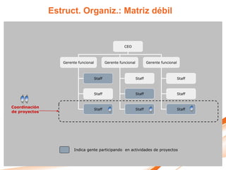 Estruct. Organiz.: Matriz débil


                                                        CEO



                  Gerente funcional           Gerente funcional           Gerente funcional



                                      Staff                       Staff                       Staff



                                      Staff                       Staff                       Staff


Coordinación
                                      Staff                       Staff                       Staff
de proyectos




                        Indica gente participando en actividades de proyectos
 