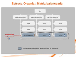 Estruct. Organiz.: Matriz balanceada

                                                       CEO




               Gerente funcional           Gerente funcional           Gerente funcional




                                   Staff                       Staff                       Staff




                                   Staff                       Staff                       Staff



Coordinación
de proyectos                Project Manager                    Staff                       Staff




                           Indica gente participando en actividades de proyectos
 