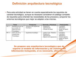 Definición arquitectura tecnológica

• Para esta actividad se tienen en cuenta especialmente los requisitos de
  carácter tecnológico, aunque es necesario considerar el catálogo completo
  de requisitos para entender las necesidades de los procesos y proponer los
  entornos tecnológicos que mejor se adapten a las mismas.




          Se propone una arquitectura tecnológica que de
        soporte al modelo de información y de sistemas de
       información incluyendo, si es necesario, alternativas.
 