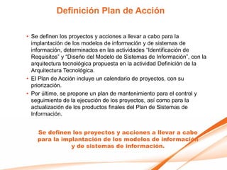 Definición Plan de Acción

• Se definen los proyectos y acciones a llevar a cabo para la
  implantación de los modelos de información y de sistemas de
  información, determinados en las actividades “Identificación de
  Requisitos” y “Diseño del Modelo de Sistemas de Información”, con la
  arquitectura tecnológica propuesta en la actividad Definición de la
  Arquitectura Tecnológica.
• El Plan de Acción incluye un calendario de proyectos, con su
  priorización.
• Por último, se propone un plan de mantenimiento para el control y
  seguimiento de la ejecución de los proyectos, así como para la
  actualización de los productos finales del Plan de Sistemas de
  Información.


    Se definen los proyectos y acciones a llevar a cabo
    para la implantación de los modelos de información
               y de sistemas de información.
 
