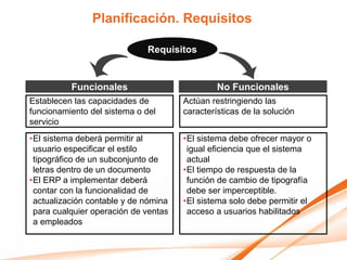 Planificación. Requisitos

                             Requisitos


          Funcionales                          No Funcionales
Establecen las capacidades de         Actúan restringiendo las
funcionamiento del sistema o del      características de la solución
servicio
•El sistema deberá permitir al        •El sistema debe ofrecer mayor o
 usuario especificar el estilo         igual eficiencia que el sistema
 tipográfico de un subconjunto de      actual
 letras dentro de un documento        •El tiempo de respuesta de la
•El ERP a implementar deberá           función de cambio de tipografía
 contar con la funcionalidad de        debe ser imperceptible.
 actualización contable y de nómina   •El sistema solo debe permitir el
 para cualquier operación de ventas    acceso a usuarios habilitados
 a empleados
 