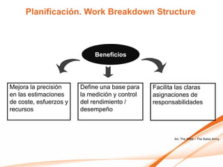 Planificación. Work Breakdown Structure



                             Beneficios




Mejora la precisión     Define una base para    Facilita las claras
en las estimaciones     la medición y control   asignaciones de
de coste, esfuerzos y   del rendimiento /       responsabilidades
recursos                desempeño



                                                        Art. The WBS – The Swiss Army..
 