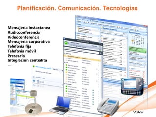 Planificación. Comunicación. Tecnologías


Mensajería instantanea
Audioconferencia
Videoconferencia
Mensajería corporativa
Telefonía fija
Telefonía móvil
Presencia
Integración centralita
...




                                          Video
 