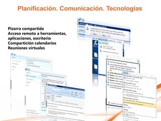 Planificación. Comunicación. Tecnologías


Pizarra compartida
Acceso remoto a herramientas,
aplicaciones, escritorio
Compartición calendarios
Reuniones virtuales
 