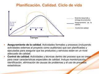 Planificación. Calidad. Ciclo de vida


                                                             Nivel de desarrollo y
                                                             entrega de productos
     Se crea el                                              Aseguramiento de la
     plan de
                                                             calidad
     calidad
                         Auditorias de calidad                Control de calidad
                                           ...


                         Tiempo

• Aseguramiento de la calidad. Actividades formales y procesos (incluyendo
  actividades externas al proyecto como auditorias) que son planificadas y
  ejecutadas para asegurar que los productos y servicios están en un nivel
  adecuado de calidad.
• Control de calidad. Actividades y técnicas dentro del proceso que se crean
  para crear características especiales de calidad. Incluye monitorización,
  identificación, eliminación de causas de problemas y el uso de procesos
  estadísticos
 