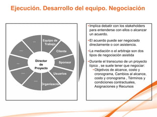 Ejecución. Desarrollo del equipo. Negociación

                                               • Implica debatir con los stakeholders
                                                 para entenderse con ellos o alcanzar
                                                 un acuerdo.
                 ...     Equipo de             • El acuerdo puede ser negociado
                          Trabajo                directamente o con asistencia.
        ....                      Cliente      • La mediación o el arbitraje son dos
                                                 tipos de negociación asistida

  ...
                  Director           Sponsor   • Durante el transcurso de un proyecto
                     de                          típico , se suele tener que negociar:
                  Proyecto
                                                    • Objetivos de alcance, costo y
          ....                  Usuarios              cronograma, Cambios al alcance,
                                                      costo y cronograma , Términos y
                  ....
                                                      condiciones contractuales,
                         Organización
                                                      Asignaciones y Recursos
 