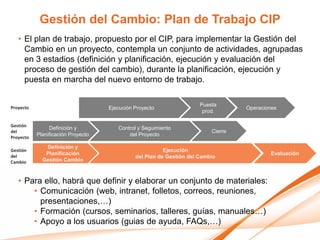 Gestión del Cambio: Plan de Trabajo CIP
   • El plan de trabajo, propuesto por el CIP, para implementar la Gestión del
     Cambio en un proyecto, contempla un conjunto de actividades, agrupadas
     en 3 estadios (definición y planificación, ejecución y evaluación del
     proceso de gestión del cambio), durante la planificación, ejecución y
     puesta en marcha del nuevo entorno de trabajo.

                                                                      Puesta
Proyecto                            Ejecución Proyecto                             Operaciones
                                                                       prod.

Gestión
                Definición y           Control y Seguimiento
del                                                                       Cierre
           Planificación Proyecto          del Proyecto
Proyecto

              Definición y
Gestión                                                  Ejecución
del
              Planificación                                                                Evaluación
                                              del Plan de Gestión del Cambio
Cambio       Gestión Cambio



   • Para ello, habrá que definir y elaborar un conjunto de materiales:
       • Comunicación (web, intranet, folletos, correos, reuniones,
         presentaciones,…)
       • Formación (cursos, seminarios, talleres, guías, manuales…)
       • Apoyo a los usuarios (guias de ayuda, FAQs,…)
 