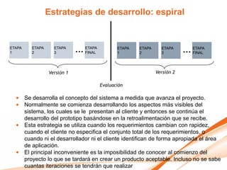 Estrategias de desarrollo: espiral


ETAPA
1
        ETAPA
        2
                  ETAPA
                  3         ... ETAPA
                                FINAL
                                               ETAPA
                                               1
                                                       ETAPA
                                                       2
                                                                 ETAPA
                                                                 3         ... ETAPA
                                                                               FINAL




                Versión 1                                      Versión 2

                                        Evaluación

  • Se desarrolla el concepto del sistema a medida que avanza el proyecto.
  • Normalmente se comienza desarrollando los aspectos más visibles del
    sistema, los cuales se le presentan al cliente y entonces se continúa el
    desarrollo del prototipo basándose en la retroalimentación que se recibe.
  • Esta estrategia se utiliza cuando los requerimientos cambian con rapidez,
    cuando el cliente no especifica el conjunto total de los requerimientos, o
    cuando ni el desarrollador ni el cliente identifican de forma apropiada el área
    de aplicación.
  • El principal inconveniente es la imposibilidad de conocer al comienzo del
    proyecto lo que se tardará en crear un producto aceptable. Incluso no se sabe
    cuantas iteraciones se tendrán que realizar
 
