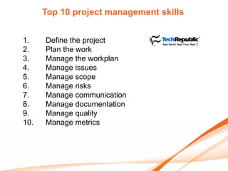 Top 10 project management skills


1.    Define the project
2.    Plan the work
3.    Manage the workplan
4.    Manage issues
5.    Manage scope
6.    Manage risks
7.    Manage communication
8.    Manage documentation
9.    Manage quality
10.   Manage metrics
 