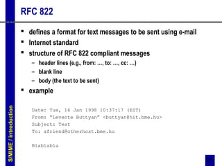 24
RFC 822
 defines a format for text messages to be sent using e-mail
 Internet standard
 structure of RFC 822 compliant messages
– header lines (e.g., from: …, to: …, cc: …)
– blank line
– body (the text to be sent)
 example
Date: Tue, 16 Jan 1998 10:37:17 (EST)
From: “Levente Buttyan” <buttyan@hit.bme.hu>
Subject: Test
To: afriend@otherhost.bme.hu
Blablabla
S/MIME/introduction
 