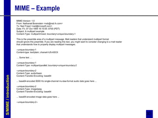 30
MIME – Example
MIME-Version: 1.0
From: Nathaniel Borenstein <nsb@nsb.fv.com>
To: Ned Freed <ned@innosoft.com>
Date: Fri, 07 Oct 1994 16:15:05 -0700 (PDT)
Subject: A multipart example
Content-Type: multipart/mixed; boundary=unique-boundary-1
This is the preamble area of a multipart message. Mail readers that understand multipart format
should ignore this preamble. If you are reading this text, you might want to consider changing to a mail reader
that understands how to properly display multipart messages.
--unique-boundary-1
Content-type: text/plain; charset=US-ASCII
… Some text …
--unique-boundary-1
Content-Type: multipart/parallel; boundary=unique-boundary-2
--unique-boundary-2
Content-Type: audio/basic
Content-Transfer-Encoding: base64
... base64-encoded 8000 Hz single-channel mu-law-format audio data goes here ...
--unique-boundary-2
Content-Type: image/jpeg
Content-Transfer-Encoding: base64
... base64-encoded image data goes here ...
--unique-boundary-2--
S/MIME/introduction
 