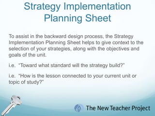Backward Design/Strategic DesignThe overarching approach to lesson & unit planning in this course is referred to as “backward design”.Please look at the graphic on Handout OS.5and with a partner, please discuss the following key points.  Please be prepared to share your partner’s responses to the following questions:  What is the significance of the order of the three stages of “Strategic Design”?Why might this approach to unit planning pose a paradigm shift?What role does Bloom’s Taxonomy play in “Strategic Design”?           What key messages does this practice apply to and how?        What did this look like in your own practice last year? 5 min.