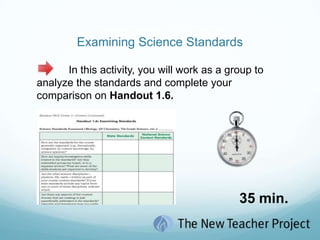 Examining Science StandardsPlease take out your copies of the NSES and locate the section that lists and explains the standards for the course you are teaching and/or have selected for this activity.  Only use the discipline in your grade level span, either 5 – 8 or grades 9 – 12.  