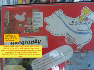 Assessment of
    work completed
    during one of our
    Topic Weeks.


   Teachers assess where they feel the core of their
   class are at the end of each term and place these
levels on a foundation subject assessment form. Pupils
      exceeding or not reaching this level are also
  identified. This then follows the class through each
                          year.
 