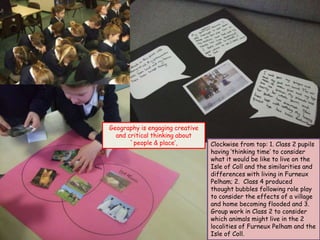 Geography is engaging creative
  and critical thinking about
       `people & place’,         Clockwise from top: 1. Class 2 pupils
                                 having ‘thinking time’ to consider
                                 what it would be like to live on the
                                 Isle of Coll and the similarities and
                                 differences with living in Furneux
                                 Pelham; 2. Class 4 produced
                                 thought bubbles following role play
                                 to consider the effects of a village
                                 and home becoming flooded and 3.
                                 Group work in Class 2 to consider
                                 which animals might live in the 2
                                 localities of Furneux Pelham and the
                                 Isle of Coll.
 