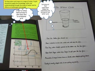 To draw plans and maps at a range of scales. Pupils
should be taught the knowledge, skills and
                                                       Carrying out
understanding through the study of water and its            this
effects on landscapes and people,                       experiment
                                                         helped me
                 I had to follow                      understand the
                 instructions to                      process of the
                                                        water cycle
                  plot onto this
                  co-ordinates
                       grid
 