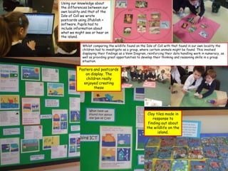 Using our knowledge about
the differences between our
own locality and that of the
Isle of Coll we wrote
postcards using 2Publish +
software. Pupils had to
include information about
what we might see or hear on
the island.

            Whilst comparing the wildlife found on the Isle of Coll with that found in our own locality the
            children had to investigate as a group, where certain animals might be found. This involved
            displaying their findings as a Venn Diagram, reinforcing their data handling work in numeracy, as
            well as providing great opportunities to develop their thinking and reasoning skills in a group
            situation.

          Posters and postcards
             on display. The
              children really
            enjoyed creating
                   these




                                                         Clay tiles made in
                                                            response to
                                                         finding out about
                                                        the wildlife on the
                                                               island.
 