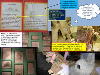 Pupils compare
                                               temperatures in
                                             different mountain
                                             ranges in numeracy.           This shelter is
                                                                        made from snow and
                              Pupils produce                              wood. The snow
                                                                           insulates the
                              information texts
                                                                         shelter and keeps
                              on different types                             you warm.
                              of mountains in
                              Literacy




As part of a Mountains
topic, the teacher brought
in art and poetry whilst
studying the different
forms of mountains to
create a very eye- catching
display.                         Class 5 pupils design and make shelters for
                                 mountain dwellers – they had to take into
                                 consideration the specific terrain and
                                 climate where their shelter would be built.
 