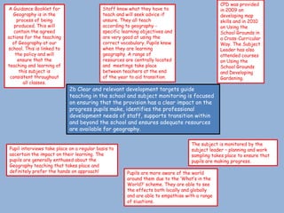 CPD was provided
A Guidance Booklet for                     Staff know what they have to                        in 2009 on
  Geography is in the                      teach and will seek advice if                       developing map
    process of being                       unsure. They all teach                              skills and in 2010
   produced. This will                     according to geography -                            on Using the
   contain the agreed                      specific learning objectives and                    School Grounds in
actions for the teaching                   are very good at using the                          a Cross-Curricular
  of Geography at our                      correct vocabulary. Pupils know                     Way. The Subject
school. This is linked to                  when they are learning                              Leader has also
   the policy and will                     geography. A range of                               attended courses
    ensure that the                        resources are centrally located                     on Using the
teaching and learning of                   and meetings take place                             School Grounds
     this subject is                       between teachers at the end                         and Developing
 consistent throughout                     of the year to aid transition.                      Gardening.
       all classes.
                            2b Clear and relevant development targets guide
                            teaching in the school and subject monitoring is focused
                            on ensuring that the provision has a clear impact on the
                            progress pupils make, identifies the professional
                            development needs of staff, supports transition within
                            and beyond the school and ensures adequate resources
                            are available for geography.

                                                                                  The subject is monitored by the
Pupil interviews take place on a regular basis to                                 subject leader – planning and work
ascertain the impact on their learning. The                                       sampling takes place to ensure that
pupils are generally enthused about the                                           pupils are making progress.
Geography teaching that takes place and
definitely prefer the hands on approach!              Pupils are more aware of the world
                                                      around them due to the ‘What’s in the
                                                      World?’ scheme. They are able to see
                                                      the effects both locally and globally
                                                      and are able to empathise with a range
                                                      of siuations.
 