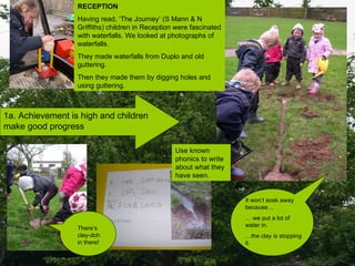 1a. Achievement is high and children make good progress RECEPTION Having read, ‘The Journey’ (S Mann & N Griffiths) children in Reception were fascinated with waterfalls. We looked at photographs of waterfalls. They made waterfalls from Duplo and old guttering. Then they made them by digging holes and using guttering. There’s clay-doh in there! It won’t soak away because… …  we put a lot of water in. … the clay is stopping it. Use known phonics to write about what they have seen. 