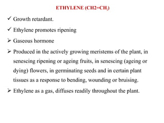 ETHYLENE (CH2=CH2)
 Growth retardant.
 Ethylene promotes ripening
 Gaseous hormone
 Produced in the actively growing meristems of the plant, in
senescing ripening or ageing fruits, in senescing (ageing or
dying) flowers, in germinating seeds and in certain plant
tissues as a response to bending, wounding or bruising.
 Ethylene as a gas, diffuses readily throughout the plant.
 