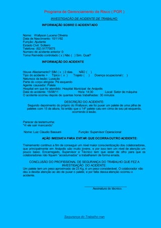 Programa de Gerenciamento de Risco ( PGR )
Segurança do Trabalho nwn
INVESTIGAÇÃO DE ACIDENTE DE TRABALHO
INFORMAÇÃO SOBRE O ACIDENTADO
Nome: Wallyson Lucena Oliveira
Data de Nascimento: 10/11/92
Função: Ajudante
Estado Civil: Solteiro
Telefone: (62) 91775675
Numero de acidente anterior 0:
Toma Remédio controlado ( x ) Não ( ) Sim. Qual?
INFORMAÇÃO DO ACIDENTE
Houve Afastamento? SIM ( x ) 2 dias. NÃO ( )
Tipo do acidente > Típico ( x ) Trajeto ( ) Doença ocupacional ( )
Natureza da lesão: Luxação
Parte do corpo atingida: Pé esquerdo
Agente causador: Palete
Hospital em que foi atendido: Hospital Municipal de Anápolis
Data do acidente: 15/08/11 Hora: 14:30 Local: Setor de máquina
O acidente ocorreu depois de quantas horas trabalhadas: 30 minutos
DESCRIÇÃO DO ACIDENTE:
Segundo depoimento do próprio do Wallyson, ele foi puxar um palete de uma pilha de
paletes com 15 de altura, foi então que o 14º palete caiu em cima de seu pé esquerdo,
ocorrendo à lesão.
Parecer da testemunha:
“Vi ele sair mancando”
Nome: Luiz Claudio Bassani Função: Supervisor Operacional
AÇÃO IMEDIATA PARA EVITAR QUE OCORRAOUTRO ACIDENTE:
Treinamento contínuo a fim de conseguir um nível maior conscientização dos colaboradores,
que principalmente em Anápolis são muito jovens, e por isso tem um nível de atenção um
pouco baixo. Encarregado, Supervisor e Técnico tem que estar de olho para que os
colaboradores não fiquem “acostumados” a trabalharem de forma errada.
CONCLUSÃO DO PROFISSIONAL DE SEGURANÇA DO TRABALHO QUE FEZ A
INVESTIGAÇÃO DO ACIDENTE:
Um palete tem um peso aproximado de 23 Kg, é um peso considerável. O colaborador não
deu a devida atenção ao ato de puxar o palete, e por falta dessa atenção ocorreu o
acidente.
__________________________
Assinatura do técnico.
 