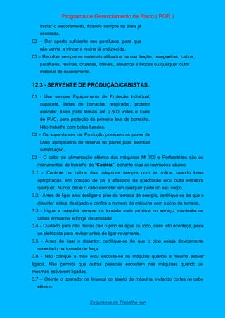 Programa de Gerenciamento de Risco ( PGR )
Segurança do Trabalho nwn
iniciar o escoramento, ficando sempre na área já
escorada.
02 – Dar aperto suficiente nos parafusos, para que
não venha a trincar a resina já endurecida.
03 – Recolher sempre os materiais utilizados na sua função: mangueiras, cabos,
parafusos, resinas, cruzetas, chaves, alavanca e brocas ou qualquer outro
material de escoramento.
12.3 - SERVENTE DE PRODUÇÃO/CABISTAS.
01 - Use sempre Equipamento de Proteção Individual,
capacete, botas de borracha, respirador, protetor
auricular, luvas para tensão até 2.500 voltes e luvas
de PVC, para proteção da primeira luva de borracha.
Não trabalhe com botas furadas.
02 - Os supervisores de Produção possuem os pares de
luvas apropriados de reserva no painel para eventual
substituição.
03 - O cabo de alimentação elétrica das máquinas Mt 700 e Perfuratrizes são os
instrumentos de trabalho do “Cabista”, portanto siga as instruções abaixo
3.1 - Controle os cabos das máquinas sempre com as mãos, usando luvas
apropriadas, em posição de pé e afastado da quadração e/ou outra estrutura
qualquer. Nunca deixe o cabo encostar em qualquer parte do seu corpo.
3.2 - Antes de ligar e/ou desligar o pino da tomada de energia, certifique-se de que o
disjuntor esteja desligado e confira o numero da máquina com o pino da tomada.
3.3 - Ligue a máquina sempre na tomada mais próxima do serviço, mantenha os
cabos enrolados e longe da umidade.
3.4 - Cuidado para não deixar cair o pino na água ou lodo, caso isto aconteça, peça
ao eletricista para revisar antes de ligar novamente.
3.5 - Antes de ligar o disjuntor, certifique-se de que o pino esteja devidamente
conectado na tomada de força.
3.6 - Não coloque a mão e/ou encoste-se na máquina quando a mesma estiver
ligada. Não permita que outras pessoas encostem nas máquinas quando as
mesmas estiverem ligadas.
3.7 – Oriente o operador na limpeza do trajeto da máquina, evitando cortes no cabo
elétrico.
 