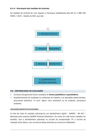 8.1.4 - Hierarquia das medidas de Controle
As medidas de controle de risco seguem a hierarquia estabelecida pela NR 01 e NBR ISO
45001 / 2018 – Gestão de SSO, que são:
9.0 - METODOLOGIA DE AVALIAÇÃO
 Os Riscos Ocupacionais foram avaliados de forma qualitativa e quantitativa.
 Qualitativamente foi analisado os ambientes de trabalho e as operações desenvolvidas,
procurando identificar “in loco“ algum risco ambiental ou de acidente, porventura
existente.
AVALIAÇÃO QUANTITATIVA DE RUÍDO
O nível de ruído foi avaliado utilizando-se um decibelímetro digital – AKROM – KR 833 –
fabricado pela empresa AKROM Produtos Eletrônicos. Os níveis de ruído foram medidos em
decibéis, com o decibelímetro operando no circuito de compensação “A“ e circuito de
resposta lenta (Slow), com as leituras feitas próximas ao ouvido do trabalhador.
2. MEDIDAS DE ENGENHARIA
1. PROTEÇÃO COLETIVA
3. MEDIDAS ADMINISTRATIVAS
4. EQUIPAMENTO DE
PROTEÇÃO INDIVIDUAL
 