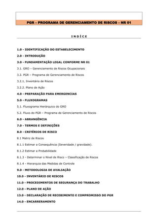 PGR – PROGRAMA DE GERENCIAMENTO DE RISCOS – NR 01
I N D Í C E
1.0 - IDENTIFICAÇÃO DO ESTABELECIMENTO
2.0 - INTRODUÇÃO
3.0 - FUNDAMENTAÇÃO LEGAL CONFORME NR 01
3.1. GRO – Gerenciamento de Riscos Ocupacionais
3.2. PGR – Programa de Gerenciamento de Riscos
3.2.1. Inventário de Riscos
3.2.2. Plano de Ação
4.0 - PREPARAÇÃO PARA EMERGENCIAS
5.0 - FLUXOGRAMAS
5.1. Fluxograma Hierárquico do GRO
5.2. Fluxo do PGR – Programa de Gerenciamento de Riscos
6.0 - ABRANGÊNCIA
7.0 - TERMOS E DEFINIÇÕES
8.0 - CRITÉRIOS DE RISCO
8.1 Matriz de Riscos
8.1.1 Estimar a Consequência (Severidade / gravidade).
8.1.2 Estimar a Probabilidade
8.1.3 - Determinar o Nível de Risco – Classificação de Riscos
8.1.4 - Hierarquia das Medidas de Controle
9.0 - METODOLOGIA DE AVALIAÇÃO
10.0 - INVENTÁRIO DE RISCOS
11.0 - PROCEDIMENTOS DE SEGURANÇA DO TRABALHO
12.0 - PLANO DE AÇÃO
13.0 - DECLARAÇÃO DE RECEBIMENTO E COMPROMISSO DO PGR
14.0 - ENCARRERAMENTO
 