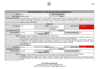 28/39
RECONHECIMENTO E ANÁLISE DOS RISCOS AMBIENTAIS
Setor: Setor 1 Qtde de Colaboradores: 0
CBO | Cargo: 0101-05 | Cargo 2 Função:
Descrição das Atividades: As funções deste grupo consistem em manter, cumprir e defender a constituição federal dentro da sua esfera de atribuições; observar as leis; promover as
condições de segurança necessárias para o desenvolvimento e o bem-estar geral; e defender a integridade territorial e a soberania do país. Para isto,
dirigem e orientam órgãos superiores das forças armadas; planejam e conduzem os diversos assun-tos da área militar; e assessoram na realização das
políticas públicas na esfera federal.
EXPOSIÇÕES
Tipo Agente: Físico Agente: Ruído contínuo ou
intermitente (Leg.
Trabalhista)
Nível do Risco: 4 - Muito Alto
Atividade(s)/Processo(s): Perigo(s):
Fontes Geradoras: Ambiente Meio de
propagação/Trajetória:
N.A. Tipo/Tempo de Exposição: N.A.
Dados Descrição: Esta ligado principalmente nos locais ligados com a área operacional.
Sugestões: Analisar a possibilidade de isolamento das fontes de ruído; ou troca de maquinário, para diminuição do ruído no ambiente de trabalho; Uso de
EPI recomendado; Orientação quanto ao correto uso e efetuar a manutenção preventiva e periódica dos equipamentos.
Riscos(Possíveis danos à saúde): Fadiga nervosa, alterações mentais, perda de memoria, irritabilidade, dificuldade em coordenar idéias, hipertensão,
modificação do ritmo respiratório,perturbações gastrointestinais, diminuição da viso noturna, dificuldade na percepção de cores.Alem destas
consequências o ruido atinge também o aparelho auditivo causando a perda temporário ou definitiva da audição
EPI(s) Eficaz(es):N.A.
EPC(s) Eficaz(es):N.A.
Tipo Agente: Químico Agente: Chumbo Nível do Risco: 4 - Muito Alto
Atividade(s)/Processo(s): Perigo(s):
Fontes Geradoras: Ambiente Meio de
propagação/Trajetória:
N.A. Tipo/Tempo de Exposição: N.A.
Dados Descrição: Composto presente em eletrodos utilizados na solda formando fumos quando aquecidos durante o processo de soldagem.
Sugestões: Utilização de EPIs conforme determina o PPRA e realização de exames médicos recomendados pelo PCMSO.
Riscos(Possíveis danos à saúde): Anemias devido a transtornos enzimáticos, anemia Sideroblástica secundária a toxinas, hipotireoidismo devido a
substâncias exógenas, transtornos mentais decorrentes de lesão e disfunção cerebrais, hipertensão arterial, arritmias cardíacas e insuficiência renal
crônica.
Clínica Médica Apresentação
Avenida Roraima, s/n, Camobi, Santa Maria - RS
Telefone: (55) 3219-1939 E-mail: claudemir@acpmed.com.br
 