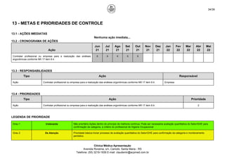 34/39
13 - METAS E PRIORIDADES DE CONTROLE
13.1 - AÇÕES IMEDIATAS
Nenhuma ação imediata...
13.2 - CRONOGRAMA DE AÇÕES
Ação
Jun
21
Jul
21
Ago
21
Set
21
Out
21
Nov
21
Dez
21
Jan
22
Fev
22
Mar
22
Abr
22
Mai
22
Contratar profissional ou empresa para a realização das análises
ergonômicas conforme NR 17 item 8.4.
X X X X X
13.3 - RESPONSABILIDADES
Tipo Ação Responsável
Ação Contratar profissional ou empresa para a realização das análises ergonômicas conforme NR 17 item 8.4. Empresa
13.4 - PRIORIDADES
Tipo Ação Prioridade
Ação Contratar profissional ou empresa para a realização das análises ergonômicas conforme NR 17 item 8.4. 2
LEGENDA DE PRIORIDADE
Grau 1 Irrelevante Não prioritário.Ações dentro do princípio de melhoria contínua. Pode ser necessária avaliação quantitativa do Setor/GHE para
confirmação da categoria, a critério do profissional de Higiene Ocupacional
Grau 2 De Atenção Prioridade básica.Iniciar processo de avaliação quantitativa do Setor/GHE para confirmação da categoria e monitoramento
periódico.
Clínica Médica Apresentação
Avenida Roraima, s/n, Camobi, Santa Maria - RS
Telefone: (55) 3219-1939 E-mail: claudemir@acpmed.com.br
 