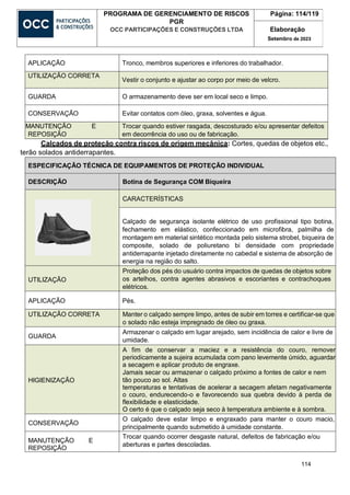 114
PROGRAMA DE GERENCIAMENTO DE RISCOS
PGR
OCC PARTICIPAÇÕES E CONSTRUÇÕES LTDA
Página: 114/119
Elaboração
Setembro de 2023
APLICAÇÃO Tronco, membros superiores e inferiores do trabalhador.
UTILIZAÇÃO CORRETA
Vestir o conjunto e ajustar ao corpo por meio de velcro.
GUARDA O armazenamento deve ser em local seco e limpo.
CONSERVAÇÃO Evitar contatos com óleo, graxa, solventes e água.
MANUTENÇÃO E
REPOSIÇÃO
Trocar quando estiver rasgada, descosturado e/ou apresentar defeitos
em decorrência do uso ou de fabricação.
Calçados de proteção contra riscos de origem mecânica: Cortes, quedas de objetos etc.,
terão solados antiderrapantes.
ESPECIFICAÇÃO TÉCNICA DE EQUIPAMENTOS DE PROTEÇÃO INDIVIDUAL
DESCRIÇÃO Botina de Segurança COM Biqueira
CARACTERÍSTICAS
Calçado de segurança isolante elétrico de uso profissional tipo botina,
fechamento em elástico, confeccionado em microfibra, palmilha de
montagem em material sintético montada pelo sistema strobel, biqueira de
composite, solado de poliuretano bi densidade com propriedade
antiderrapante injetado diretamente no cabedal e sistema de absorção de
energia na região do salto.
UTILIZAÇÃO
Proteção dos pés do usuário contra impactos de quedas de objetos sobre
os artelhos, contra agentes abrasivos e escoriantes e contrachoques
elétricos.
APLICAÇÃO Pés.
UTILIZAÇÃO CORRETA Manter o calçado sempre limpo, antes de subir em torres e certificar-se que
o solado não esteja impregnado de óleo ou graxa.
GUARDA
Armazenar o calçado em lugar arejado, sem incidência de calor e livre de
umidade.
HIGIENIZAÇÃO
A fim de conservar a maciez e a resistência do couro, remover
periodicamente a sujeira acumulada com pano levemente úmido, aguardar
a secagem e aplicar produto de engraxe.
Jamais secar ou armazenar o calçado próximo a fontes de calor e nem
tão pouco ao sol. Altas
temperaturas e tentativas de acelerar a secagem afetam negativamente
o couro, endurecendo-o e favorecendo sua quebra devido à perda de
flexibilidade e elasticidade.
O certo é que o calçado seja seco à temperatura ambiente e à sombra.
CONSERVAÇÃO
O calçado deve estar limpo e engraxado para manter o couro macio,
principalmente quando submetido à umidade constante.
MANUTENÇÃO E
REPOSIÇÃO
Trocar quando ocorrer desgaste natural, defeitos de fabricação e/ou
aberturas e partes descoladas.
 