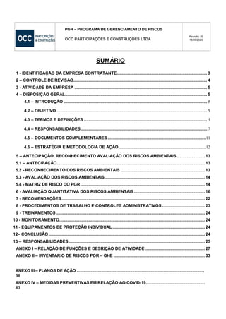 PGR – PROGRAMA DE GERENCIAMENTO DE RISCOS
OCC PARTICIPAÇÕES E CONSTRUÇÕES LTDA
Revisão: 00
18/09/2023
SUMÁRIO
1 - IDENTIFICAÇÃO DA EMPRESA CONTRATANTE............................................................................ 3
2 – CONTROLE DE REVISÃO................................................................................................................. 4
3 - ATIVIDADE DA EMPRESA ................................................................................................................ 5
4 – DISPOSIÇÃO GERAL........................................................................................................................ 5
4.1 – INTRODUÇÃO ......................................................................................................................... 5
4.2 – OBJETIVO ............................................................................................................................... 5
4.3 – TERMOS E DEFINIÇÕES ........................................................................................................ 5
4.4 – RESPONSABILIDADES........................................................................................................... 7
4.5 – DOCUMENTOS COMPLEMENTARES ...................................................................................11
4.6 – ESTRATÉGIA E METODOLOGIA DE AÇÃO..........................................................................12
5 – ANTECIPAÇÃO, RECONHECIMENTO AVALIAÇÃO DOS RISCOS AMBIENTAIS........................ 13
5.1 – ANTECIPAÇÃO............................................................................................................................. 13
5.2 - RECONHECIMENTO DOS RISCOS AMBIENTAIS ....................................................................... 13
5.3 - AVALIAÇÃO DOS RISCOS AMBIENTAIS .................................................................................... 14
5.4 - MATRIZ DE RISCO DO PGR......................................................................................................... 14
6 - AVALIAÇÃO QUANTITATIVA DOS RISCOS AMBIENTAIS............................................................ 16
7 - RECOMENDAÇÕES......................................................................................................................... 22
8 - PROCEDIMENTOS DE TRABALHO E CONTROLES ADMINISTRATIVOS .................................... 23
9 - TREINAMENTOS.............................................................................................................................. 24
10 - MONITORAMENTO........................................................................................................................... 24
11 - EQUIPAMENTOS DE PROTEÇÃO INDIVIDUAL.............................................................................. 24
12– CONCLUSÃO.................................................................................................................................... 24
13 – RESPONSABILIDADES................................................................................................................... 25
ANEXO I – RELAÇÃO DE FUNÇÕES E DESRIÇÃO DE ATIVIDADE .................................................. 27
ANEXO II – INVENTARIO DE RISCOS POR – GHE ............................................................................. 33
ANEXO III – PLANOS DE AÇÃO ..............................................................................................................
58
ANEXO IV – MEDIDAS PREVENTIVAS EM RELAÇÃO AO COVID-19...................................................
63
 