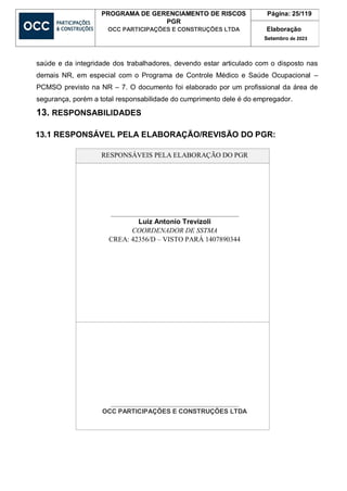 PROGRAMA DE GERENCIAMENTO DE RISCOS
PGR
OCC PARTICIPAÇÕES E CONSTRUÇÕES LTDA
Página: 25/119
Elaboração
Setembro de 2023
saúde e da integridade dos trabalhadores, devendo estar articulado com o disposto nas
demais NR, em especial com o Programa de Controle Médico e Saúde Ocupacional –
PCMSO previsto na NR – 7. O documento foi elaborado por um profissional da área de
segurança, porém a total responsabilidade do cumprimento dele é do empregador.
13. RESPONSABILIDADES
13.1 RESPONSÁVEL PELA ELABORAÇÃO/REVISÃO DO PGR:
RESPONSÁVEIS PELA ELABORAÇÃO DO PGR
Luiz Antonio Trevizoli
COORDENADOR DE SSTMA
CREA: 42356/D – VISTO PARÁ 1407890344
OCC PARTICIPAÇÕES E CONSTRUÇÕES LTDA
 
