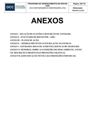 PROGRAMA DE GERENCIAMENTO DE RISCOS
PGR
OCC PARTICIPAÇÕES E CONSTRUÇÕES LTDA
Página: 26/119
Elaboração
Setembro de 2023
ANEXOS
ANEXO I – RELAÇÃO DE FUNÇÕES E DESCRIÇÃO DE ATIVIDADE;
ANEXO II – INVENTARIO DE RISCOS POR – GHE;
ANEXO III – PLANOS DE AÇÃO;
ANEXO IV – MEDIDAS PREVENTIVAS EM RELAÇÃO AO COVID-19;
ANEXO V- ATIVIDADES, RISCO DE ACIDENTES, DOENÇAS DO TRABALHO;
ANEXO VI- MEMORIAL SOBRE AS CONDIÇÕES DO MEIO AMBIENTE; ANEXO
VII- DESCRIÇÃO E PROJETO DAS PROTEÇÕES COLETIVAS.
ANEXO VII -ESPECIFICAÇÃO TÉCNICA DAS PROTEÇÕES INDIVIDUAIS.
 