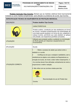 103
PROGRAMA DE GERENCIAMENTO DE RISCOS
PGR
OCC PARTICIPAÇÕES E CONSTRUÇÕES LTDA
Página: 103/119
Elaboração
Setembro de 2023
Protetor Auricular Tipo Concha: Sempre que as medidas coletivas forem tecnicamente
inviáveis ou como medida complementar, será utilizado os protetores de ouvido, tipo Concha.
ESPECIFICAÇÃO TÉCNICA DE EQUIPAMENTOS DE PROTEÇÃO INDIVIDUAL
DESCRIÇÃO Protetor Auditivo Tipo Concha
CARACTERÍSTICAS
Protetor auditivo, constituído por dois abafadores em forma
de concha, montados simetricamente nas extremidades de
uma haste-suporte ajustável, em forma de arco, adaptável a
cabeça humana, permitindo que cada abafador se aplique
sob pressão, aos respectivos pavilhões auriculares.
UTILIZAÇÃO
Utilizado para proteção auditiva, auxiliando na minimização
do Ruído gerado por máquinas e equipamentos em
funcionamento
APLICAÇÃO Ouvido
UTILIZAÇÃO CORRETA
1 - Retire o excesso de cabelo que estiver entre o
abafador e o ouvido.
2 - Certifique-se de que a vedação é satisfatória, sem a
interferência de objetos como elástico de Respiradores ou
armação de óculos, de modo a obter melhor desempenho. 3
- As conchas devem ficar alinhadas verticalmente de modo a
proporcionar a melhor vedação.
4. Não utilize com as conchas viradas para trás.
Recomendação de uso de Protetor tipo
Concha
 