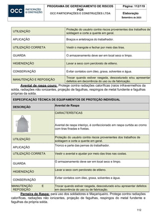 112
PROGRAMA DE GERENCIAMENTO DE RISCOS
PGR
OCC PARTICIPAÇÕES E CONSTRUÇÕES LTDA
Página: 112/119
Elaboração
Setembro de 2023
UTILIZAÇÃO
Proteção do usuário contra riscos provenientes dos trabalhos de
soldagem e corte a quente em geral.
APLICAÇÃO Braços e antebraços do trabalhador.
UTILIZAÇÃO CORRETA Vestir o mangote e fechar por meio das tiras.
GUARDA O armazenamento deve ser em local seco e limpo.
HIGIENIZAÇÃO Lavar a seco com perclorato de etileno.
CONSERVAÇÃO Evitar contatos com óleo, graxa, solventes e água.
MANUTENÇÃO E REPOSIÇÃO
Trocar quando estiver rasgada, descosturado e/ou apresentar
defeitos em decorrência do uso ou de fabricação.
Avental de raspa couro: Protege contra radiações caloríficas (raios infravermelhos da
solda, radiações não ionizantes, projeção de fagulhas, respingos de metal fundente e fagulhas
próprias da solda.
ESPECIFICAÇÃO TÉCNICA DE EQUIPAMENTOS DE PROTEÇÃO INDIVIDUAL
DESCRIÇÃO
Avental de Raspa
CARACTERÍSTICAS
Avental de raspa inteiriço, é confeccionado em raspa curtida ao cromo
com tiras finadas e fivelas.
UTILIZAÇÃO
Proteção do usuário contra riscos provenientes dos trabalhos de
soldagem e corte a quente em geral.
APLICAÇÃO
Tronco e parte das pernas do trabalhador.
UTILIZAÇÃO CORRETA Vestir o avental e ajustar por meio das tiras nas costas.
GUARDA
O armazenamento deve ser em local seco e limpo.
HIGIENIZAÇÃO
Lavar a seco com perclorato de etileno.
CONSERVAÇÃO
Evitar contatos com óleo, graxa, solventes e água.
MANUTENÇÃO E
REPOSIÇÃO
Trocar quando estiver rasgada, descosturado e/ou apresentar defeitos
em decorrência do uso ou de fabricação.
Perneira de Raspa: para uso dos soldadores e Maçariqueiro. Protege contra radiações
caloríficas, radiações não ionizantes, projeção de fagulhas, respingos do metal fundente e
fagulhas da própria solda.
 