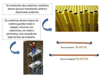 Os montantes dos andaimes metálicos
devem possuir travamento contra o
desencaixe acidental.
Os andaimes devem dispor de
sistema guarda-corpo e
rodapé, inclusive nas
cabeceiras, em todo o
perímetro, com exceção do
lado da face de trabalho.
 