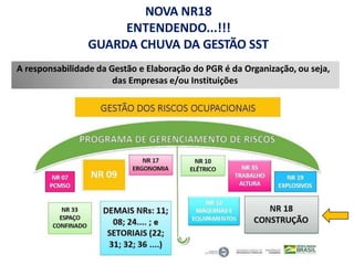 NOVA NR18
ENTENDENDO...!!!
GUARDA CHUVA DA GESTÃO SST
A responsabilidade da Gestão e Elaboração do PGR é da Organização, ou seja,
das Empresas e/ou Instituições
 