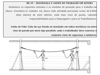 NR 35 – SEGURANÇA E SAÚDE NO TRABALHO EM ALTURA
Estabelece os requisitos mínimos e as medidas de proteção para o trabalho em
altura. Considera-se trabalho em altura toda atividade executada acima de 2,00m
(dois metros) do nível inferior, onde haja risco de queda, cabendo
responsabilidades para o Empregador e para os Trabalhadores.
Linha de Vida: Cabo de aço fixado ou instalado em tubos metálicos ou entre
vãos de parede por meio tipo parabolt, onde o trabalhador deve conectar o
conjunto cinto de segurança e talabarte.
 