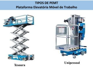 Tesoura
Unipessoal
TIPOS DE PEMT
Plataforma Elevatória Móvel de Trabalho
 